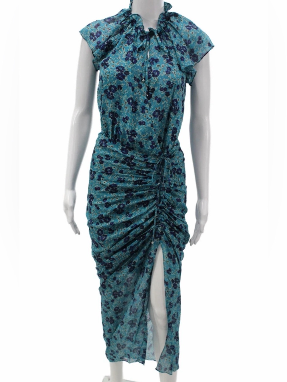 Veronica Beard Teal Floral Ruched Split Maxi Dress